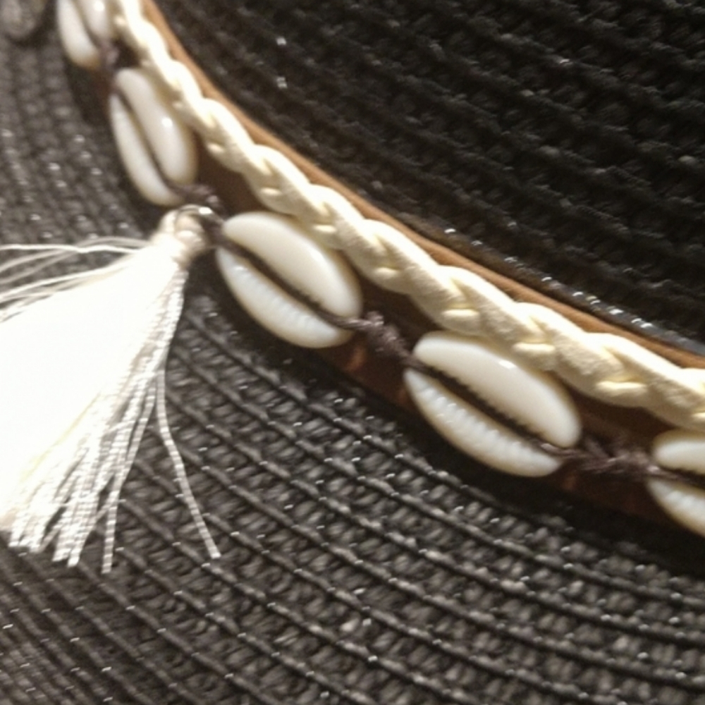 Unisex Straw Weave Western Beach Sun Hat Cowrie Cowry Shells Tassels Black Boho - Picture 8 of 14